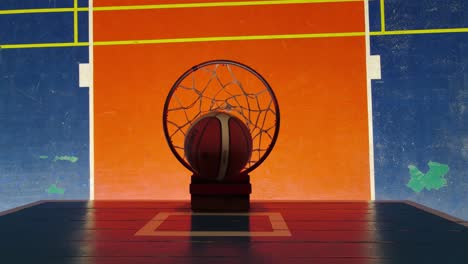 Basketballbrett-Und-Ring-Von-Oben,-Eine-Luftaufnahme-Eines-Balls,-Der-In-Den-Ring-Geht-Und-Zweimal-Auf-Den-Ring-Springt-Und-Dann-Viermal-Auf-Den-Platz-Fällt