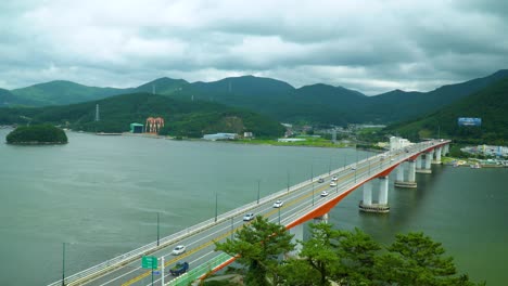 Scenic,-static-view-of-a-long-bridge-that-connects-Geojedo-Island-to-South-Korea's-mainland