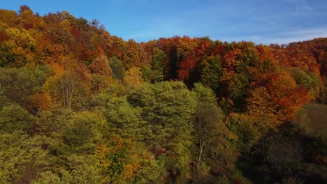 Beautiful-autumn-aerial-footage-of-green,-red,-yellow-and-orange-colored-forest-on-hills