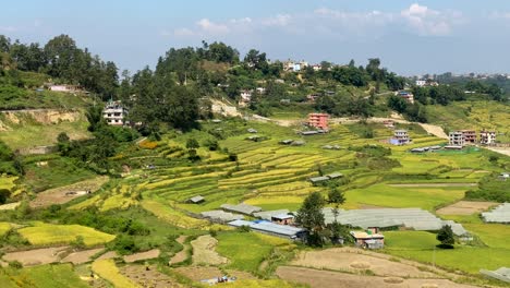 A-beautiful-high-angle-panning-view-of-a-valley-filled-with-houses-and-lush-green-rice-paddies
