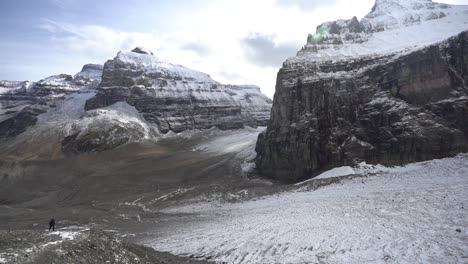 Plain-of-Six-Glaciers,-Hiking-Trail-and-Grey-Cold-Landscape-in-Banff-National-Park,-Canada-USA,-Panorama
