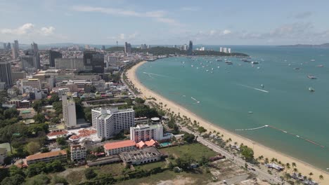 Aerial-view-of-Pattaya-Coastline,-Waterfront-city,-beach-destination,-Thailand