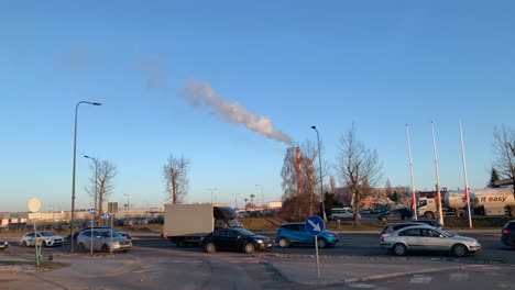 Traffic-jam-and-power-plant-chimney-in-the-background