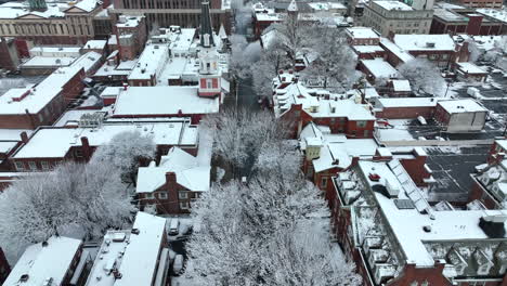 Rising-aerial-of-American-city-in-winter-scene