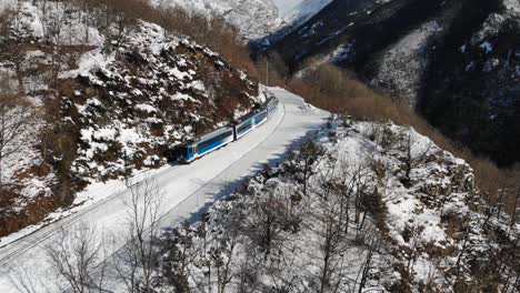 Aerial:-mountain-short-train-descending-among-snowy-mountains