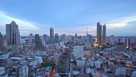 Pan-across-a-modern-urban-skyline-at-dusk