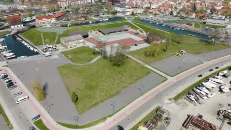 Aerial-view-Klaipeda-city-castle-site,-which-has-been-reconstructed-and-has-a-museum-and-exhibitions