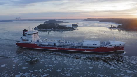 LNG-powered-chemical-and-oil-product-tanker-RAMANDA,-SGRY,-making-way-ahead-in-Finnish-archipelago-during-winter-morning