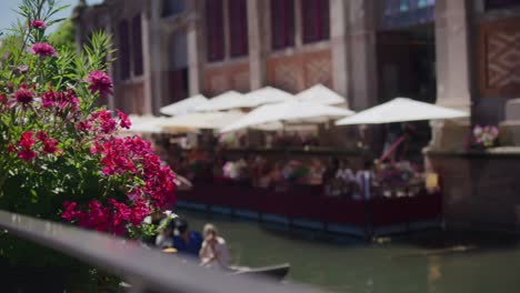 Two-small-tourist-boats-passing-by-each-other-on-romantic-canal-near-beautiful-red-flower-pot-in-downtown-Colmar,-France