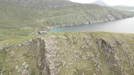 Flyover-Isolated-Structure-At-The-Peak-Of-Croaghaun-Cliffs-In-Achill-Island,-County-Mayo,-Ireland