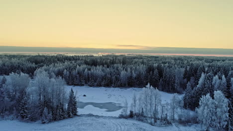 Timelapse-shot-of-frozen-lake-melting-surrounded-by-white-snow-covered-trees-at-dawn