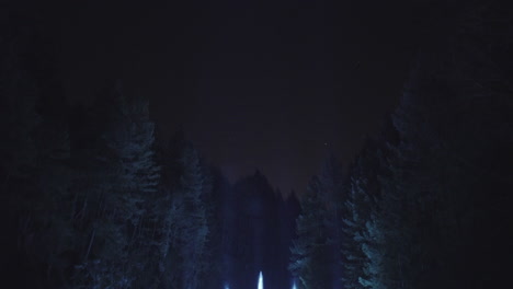 Wide-shot-of-a-Blue-lit-Fountain-on-lake-surrounded-by-forest,-Tilt-up,-Night