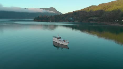 Vuelo-Aéreo-Matutino-Alrededor-De-Un-Crucero-Anclado-En-La-Bahía-En-Los-Sonidos-De-Marlborough,-Nueva-Zelanda,-Cinemático