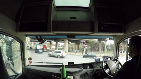 Lorry-drivers-view-of-the-Spaghetti-Junction-roundabout,-waiting-for-the-lights-to-change