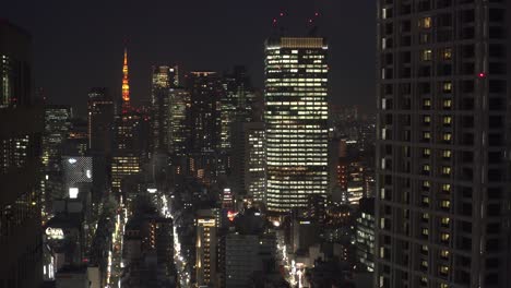 Impresionante-Horizonte-De-Tokio-Con-Muchos-Rascacielos-En-La-Noche,-Japón