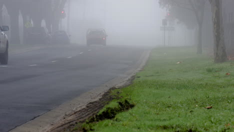 Traffic-moving-towards-an-intersection-on-a-foggy-morning