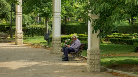 Un-Hombre-Sentado-En-Un-Banco-En-Un-Parque-Entre-Columnas-Resolviendo-Un-Crucigrama