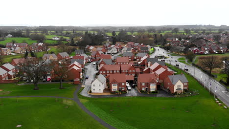 Aerial---A-residential-of-Shrewsbury,-a-cold-day-with-a-view-above-the-houses-from-the-sky-in-a-small-county-town,-Shrewsbury,-England,-United-Kingdom,-Europe