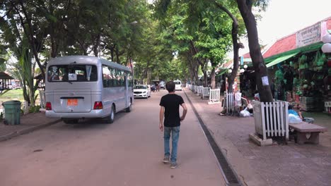 Turista-Masculino-Caminando-Por-El-Mercado-Nocturno-De-Arte-En-El-Día