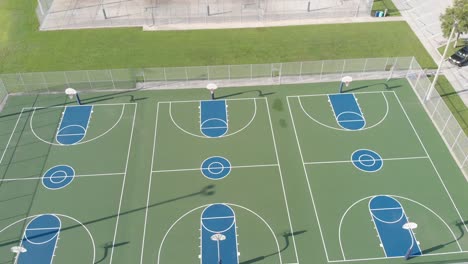Aerial-drone-view-of-perfectly-painted-basketball-courts