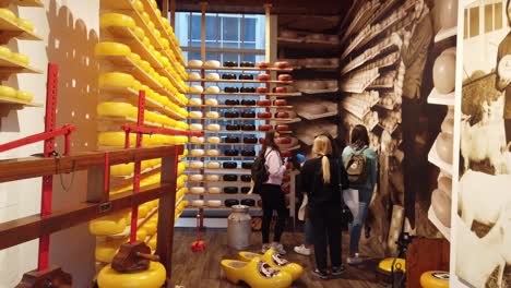 Museo-Turístico-Del-Queso-En-Amsterdam,-Que-Muestra-Prensas-De-Queso-Y-Una-Variedad-De-Productos-De-Queso-Hechos-En-Holanda,-Países-Bajos,-Europa