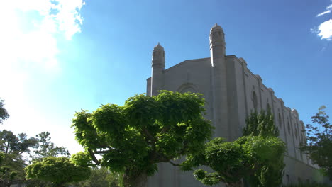 Low-Angle-shot-of-one-of-the-exterior-buildings-at-the-Mormon-Temple-in-Salt-Lake-City,-Utah