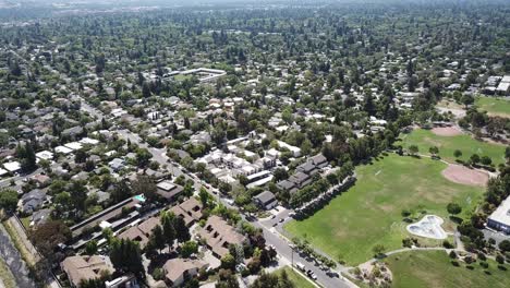 Aerial-view-of-suburbs-dense-trees-rooftop-houses-pine-trees-turn-right