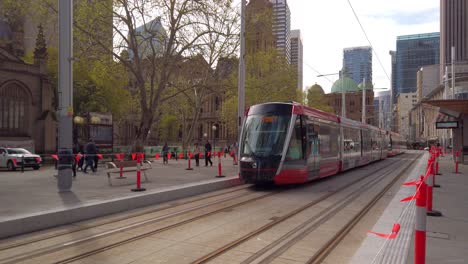 Brand-new-Sydney-Tram-in-Testing-in-the-heart-of-the-city-CBD-near-Town-Hall-and-Queen-Victoria-Building