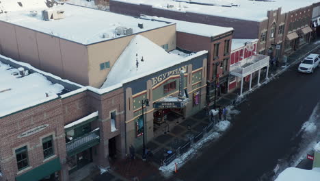 Aerial-Drone-Parallax-around-Egyptian-Theater-during-Sundance-Film-Festival---Park-City,-Utah