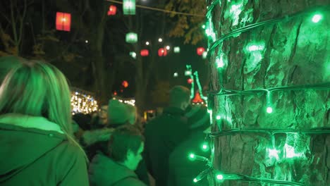 Multitud-Caminando-Por-La-Iluminación-De-Hadas-Verdes-En-Una-Feria-Al-Aire-Libre