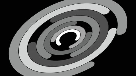 Abstrakte-Animation-Von-Geneigten-Und-Verschachtelten,-In-Entgegengesetzter-Richtung-Rotierenden-Graustufenkreisen-Auf-Schwarzem-Hintergrund