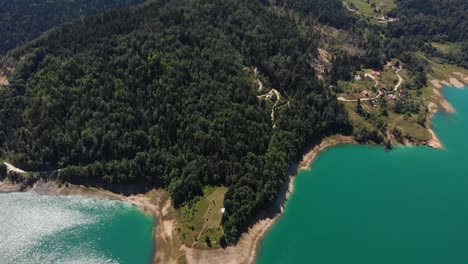 Aerial-of-Zaovine-lake-in-Serbia-and-the-surrounding-woods-in-Tara-National-Park