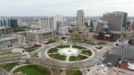 Logan-Circle,-Free-Library-in-Philadelphia,-Covid-quarantine-shutdown-shelter-in-place,-coronavirus-stay-at-home-order,-aerial-drone-footage,-no-people,-no-traffic