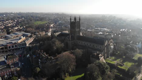 high-up-still-shot-of-Worcester-Cathedral-on-a-foggy-November-morning