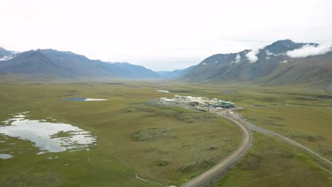 Pump-Station-for-Alaska-Pipeline,-Vast-Alaskan-Tundra-Landscape---Aerial-Drone-View