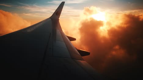 Blick-Aus-Einem-Flugzeugfenster,-Das-Durch-Wolken-Fliegt-Und-Den-Sonnenuntergang-Beobachtet