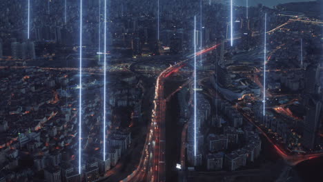 Verkehrs--Und-Technologienetzwerkstrahlen-Auf-Stadthintergrund---3d-renderanimation