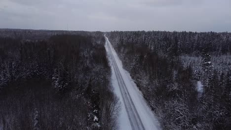 Aerial-view-of-winter-road-alley-surrounded-by-snow-covered-trees-in-overcast-winter-day,-small-snowflakes-falling,-high-altitude-wide-angle-drone-shot-moving-forward