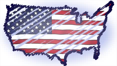 Patriotischer-Und-Mutiger-Animierter-Bewegungsgraphischer-Hintergrund-Mit-Einer-Sternenbanner-karte-Der-Usa-Im-Kritzelstil,-In-Allen-Amerikanischen-Rot-weiß-blauen-Farbschemata