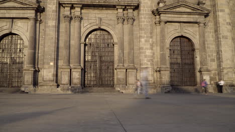 Panorama-Of-Guadalajara-Cathedral-In-Guadalajara,-Mexico-With-People-Passing-By-In-Foreground