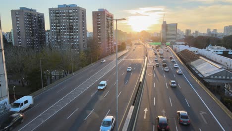 Static-aerial-view-of-traffic-on-multi-lane-roads-through-Buenos-Aires