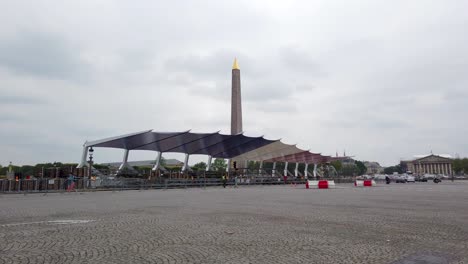 Static-Shot-of-Place-de-la-Concorde-With-Huge-Stand-For-Bastille-Day-and-Military-Demonstration-Parade,-Paris-France