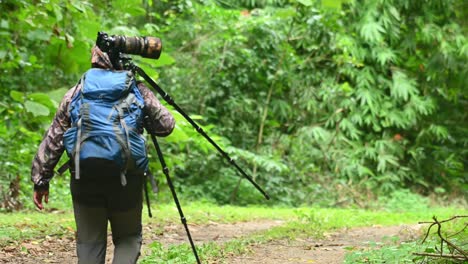 Mujer-Con-Una-Mochila-Deuter-Caminando-Por-Una-Carretera-Que-Conduce-Al-Bosque-Del-Parque-Nacional-Kaeng-Krachan-En-Tailandia,-También-Cargando-En-Su-Hombro-Un-Trípode-Fotopro,-Cámara-Fujifilm-Xt1