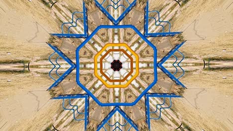 Bunte-Symmetrische-Muster-Botanische-Kaleidoskop-Mandala-Geometrie-Tapete---Mehrfarbige-Fraktale-Animation-Stammes-Vektorillustration