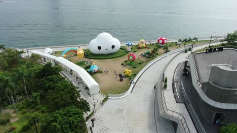 Hong-Kong-west-Kowloon-Friends-with-you-giant-art-installation,-Aerial-view