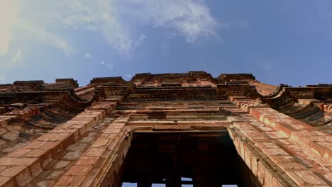 Looking-up-at-the-ancient-facade-and-bell-tower-of-the-Jesuit-mission-ruins-and-UNESCO-site-of-the-San-Miguel-Das-Missoes-in-Brazil