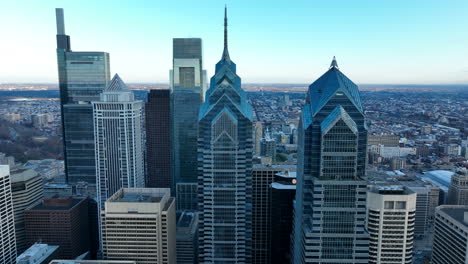 Philadelphia-skyline-with-Comcast,-Liberty-Place,-PNC-Bank-tower-skyscraper-highrise-office-buildings