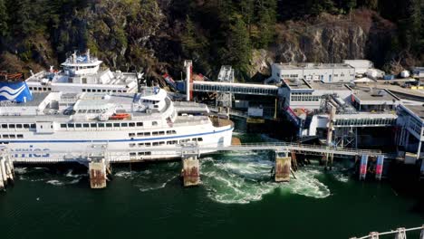 Fähre-Kommt-Am-Ozeandock-An,-Um-Passagiere-Und-Autos-Zu-Transportieren,-Langsame-Luftschwenkung