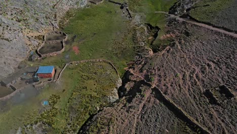 High-angle-aerial-view-of-remote-farms-in-the-Bolivian-Andes-Mountains