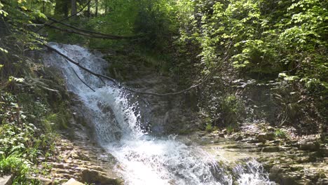 Slow-motion-of-waterfall-splashing-down-the-mountain-in-nature-of-Switzerland